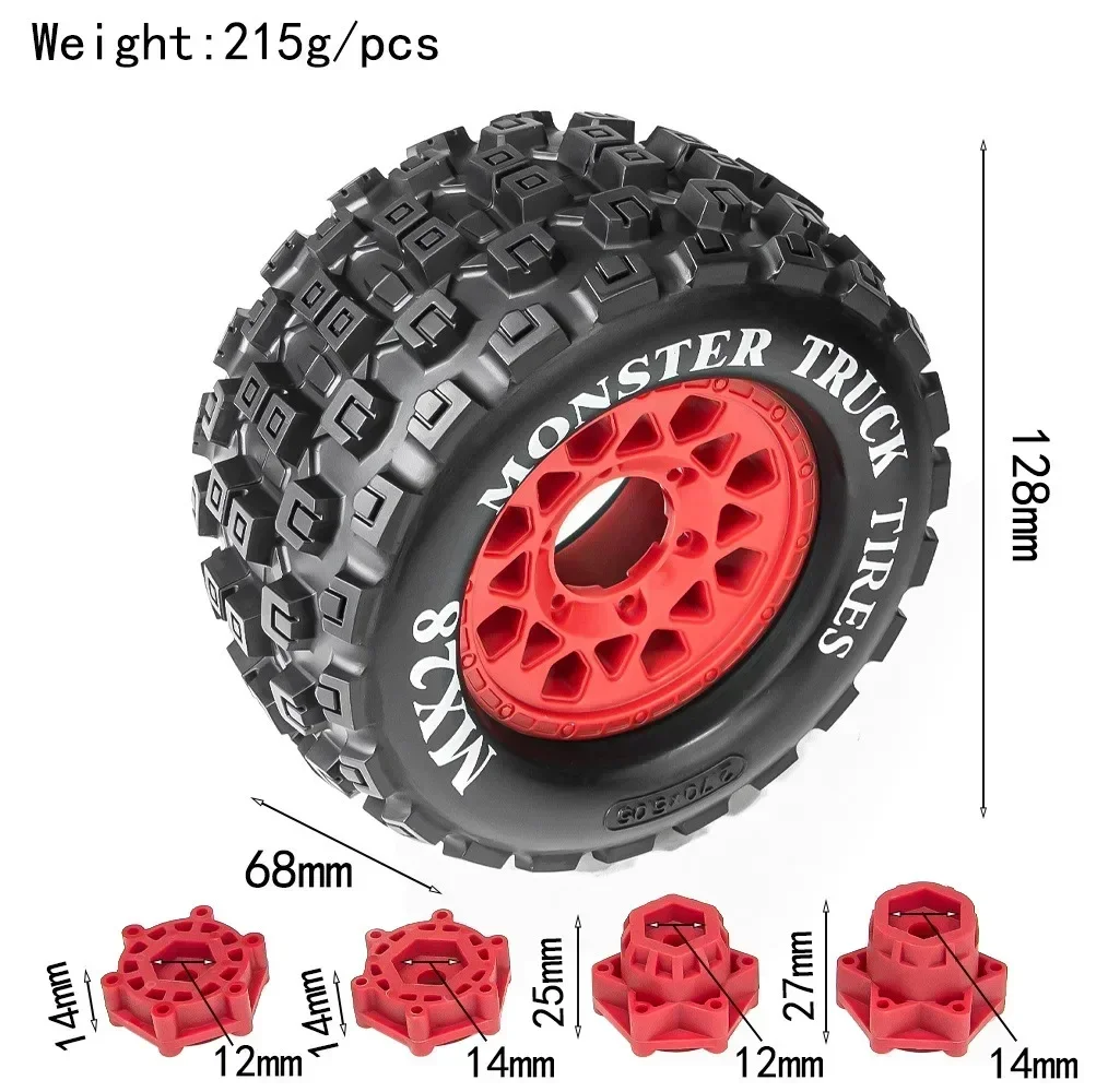 4pcs 128mm 1/10 Monster Stunt Truck Tire 12mm and 14mm Hex for TRXS MAXX ARRMA Granite KRATON Outcast Tamiya Losi Redcat 3