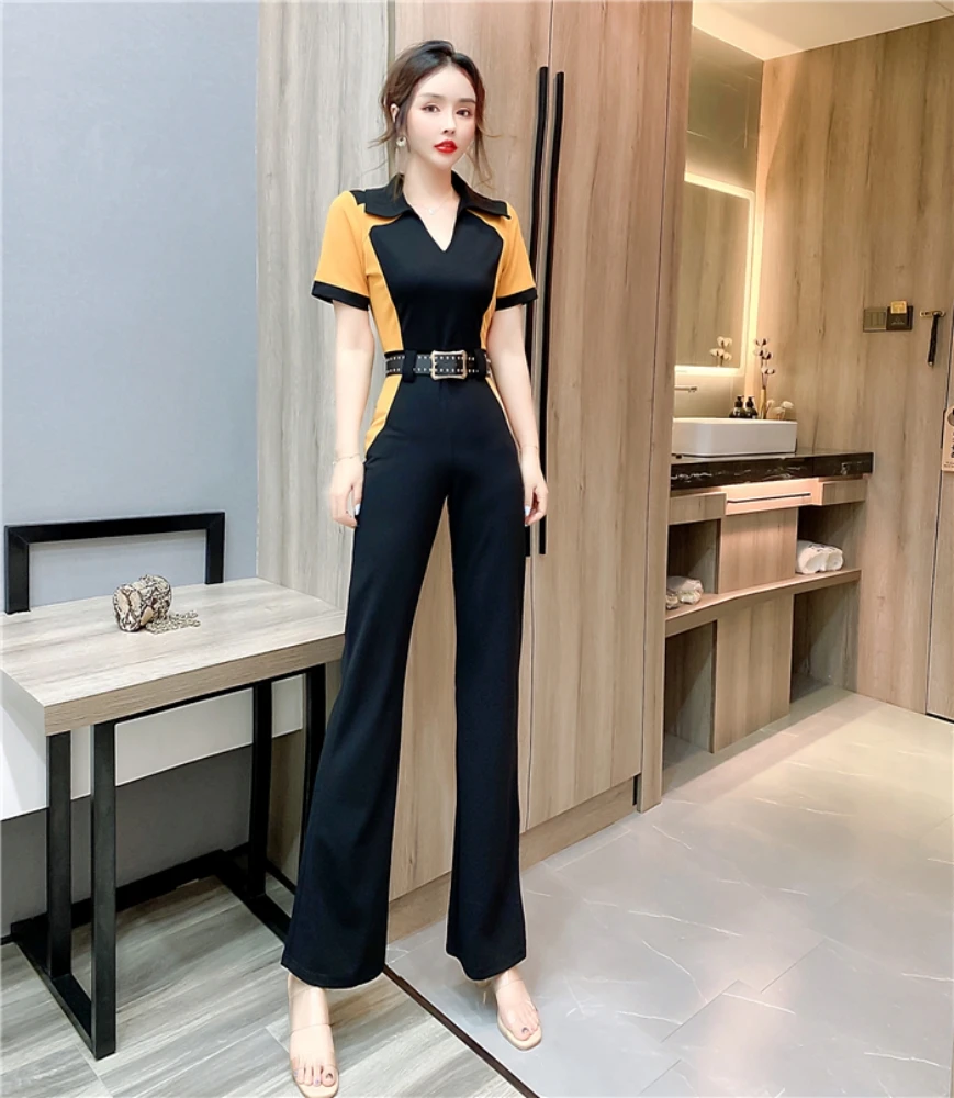 

Summer Fashion Short Sleeve Jumpsuits Woman Notched Collar Playsuits Female Elegant OL Hit Color Rompers Pants S M L 2024