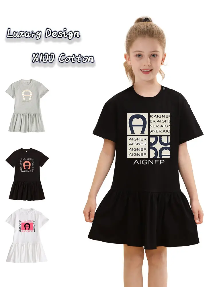 

Cute Print Short sleeve Girls Dress 2025 Kids Summer Clothes Cotton Fashion Letter Print Skirt Daily Wear Child Princess Dresses