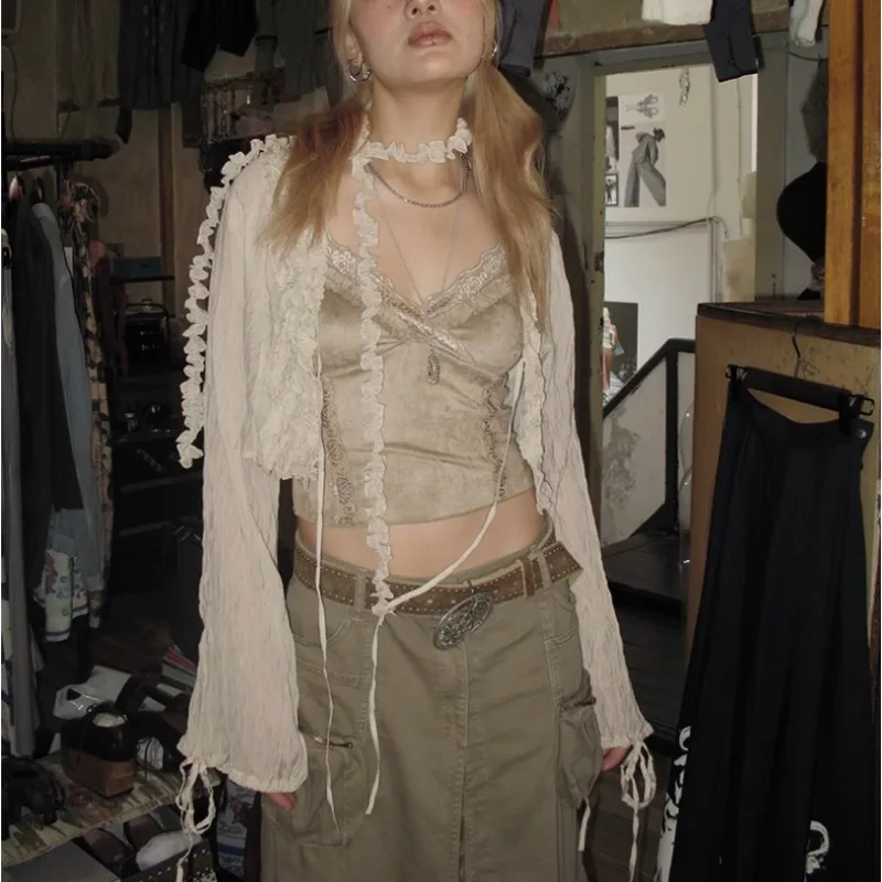 

Deeptown Grunge Aesthetics Ruffle Shirt 90s Vintage Bandage Blouses Wasteland Punk Lantern Sleeve Irregular Shirt Japanese Y2k