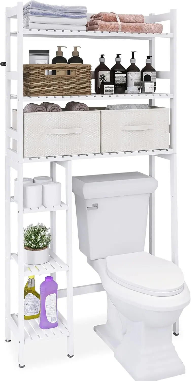 

Over The Toilet Storage with Drawers, Large Bathroom Space Saver Organizer Rack, Freestanding Behind Toilet Stand with 6-Tier