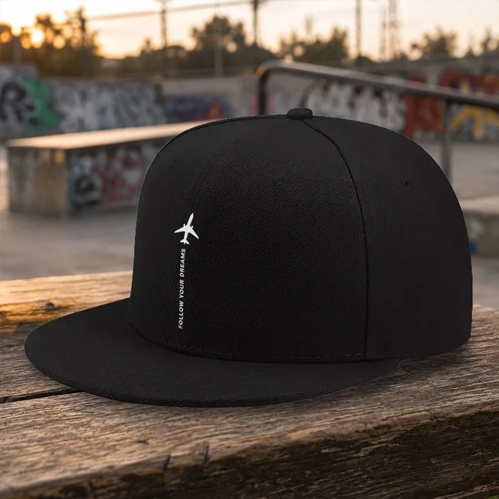 Airplane Follow Your Dreams Print Flat Brim Baseball Cap Unisex Adjustable Casual Outdoor Hat