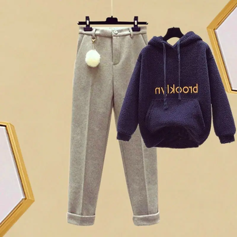 Winter Collection with Velvet Thickened Alphabet Embroidery Long Sleeve Hoodie Casual Pants Two Piece Set For Women's Pants  Set