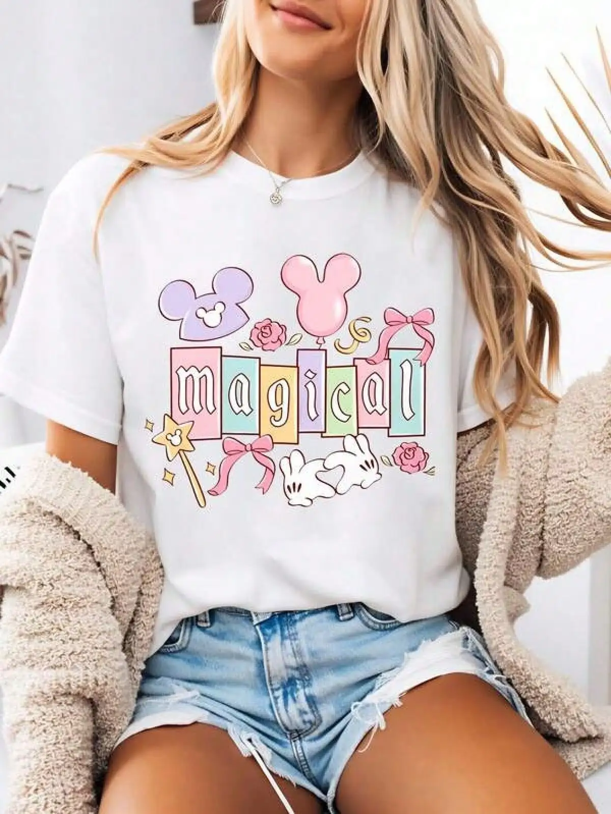 T Shirt Print ,Graphic-Cotton Tees Size Plus,-Style Women's Graphic Tee Featuring A Magical Mouse Head Print. This Women's Summer Round-Neck Tee Is Crafted From Soft, Comfortable 100% Cotton Fabric, Perfect For Everyday Wear, Outdoor Activities, Or Shoppi