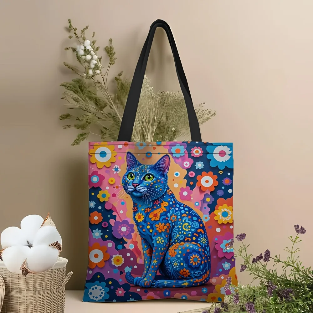 1pc Handbag Retro Long Tailed Kitten Tote Bag Vibrant Floral Print Reusable Grocery Bag Durable Polyester Foldable Shoulder Bag