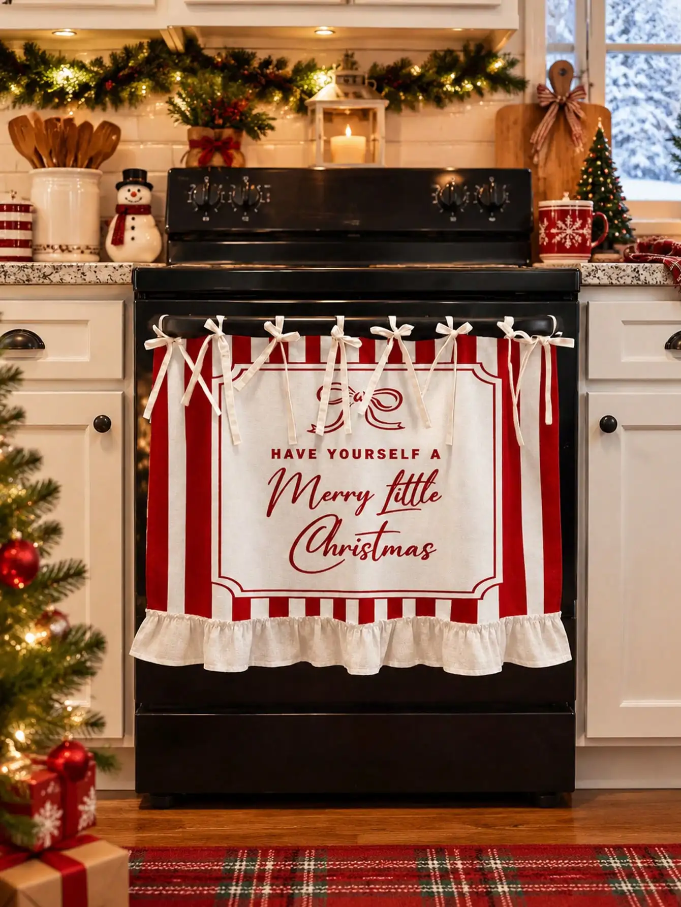 1PC Red And White Striped Ruffled Curtain Panel – Semi-Sheer Valance; Suitable For Oven Covers, Dishwasher Covers, And Bathroom Windows – Versatile Hanging Panel, Ideal For Christmas Decor