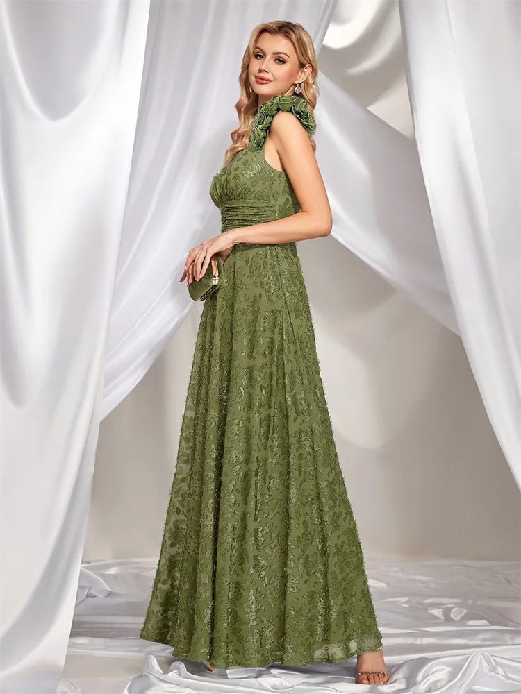 XUIBOL elegante abito da sera floreale verde con scollo a V lungo 2024 abito da sera senza maniche in Chiffon da donna di lusso abito da Cocktail da