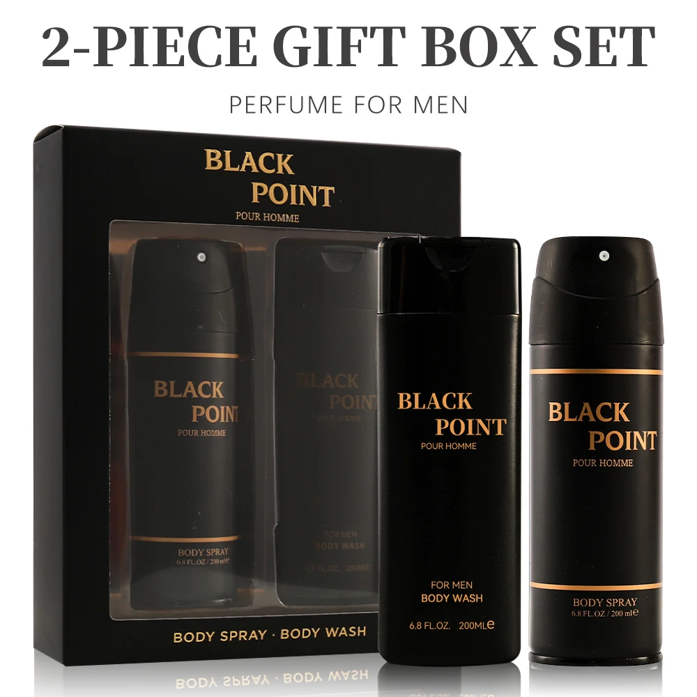 Men's Body Fragrance Set Body Spray and Wash Gift Box, 6.8 FL.OZ Mist, 6.8FL.OZ Body Wash, BLACK POINT 2Pcs Set Long Lasting