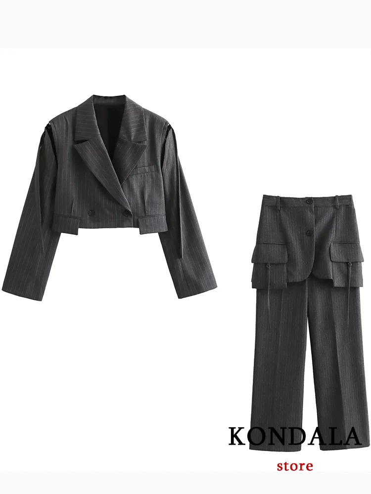 KONDALA-traje informal a rayas negras para mujer, Blazer con cuello en V y un solo botón, Pantalones rectos sueltos, conjunto de oficina a la moda,