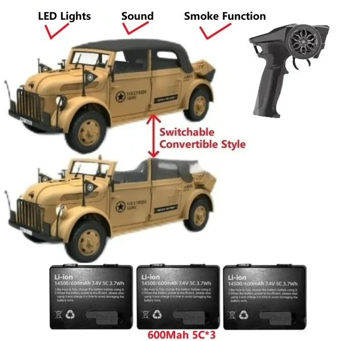 Carro de corrida rc 1500a veículo comando 1/18 rc modelo militar alemão conversível luz simulação elétrica veículo controle remoto
