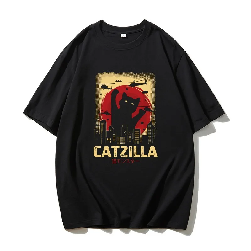 Catzilla Monster Retro American Pure Cotton Printed T-shirt New Men's and Women's Fashion Trend Loose Casual Summer T-shirt