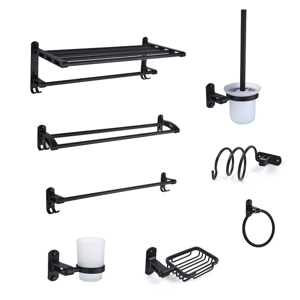 

9pcs Bathroom Wall Mount Pendant Set Toilet Hardware Pendant Towel Rack Combination Hanger Hook Paper/Brush Holder Shelf