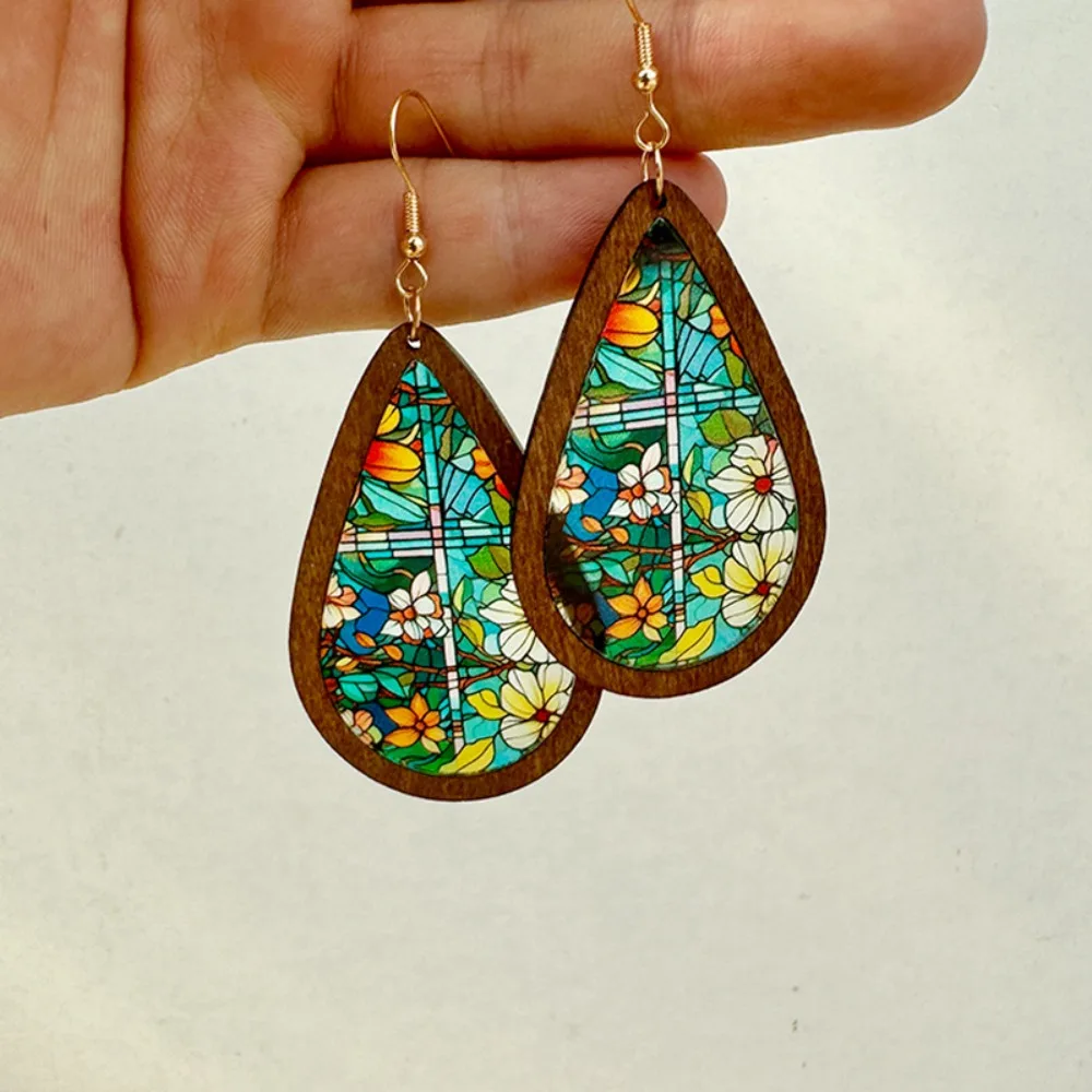 Kaleidoscope Pattern Mosaic Stained Glass Earrings Dangle Earring Vintage Colorful Statement Earrings Bright Wood