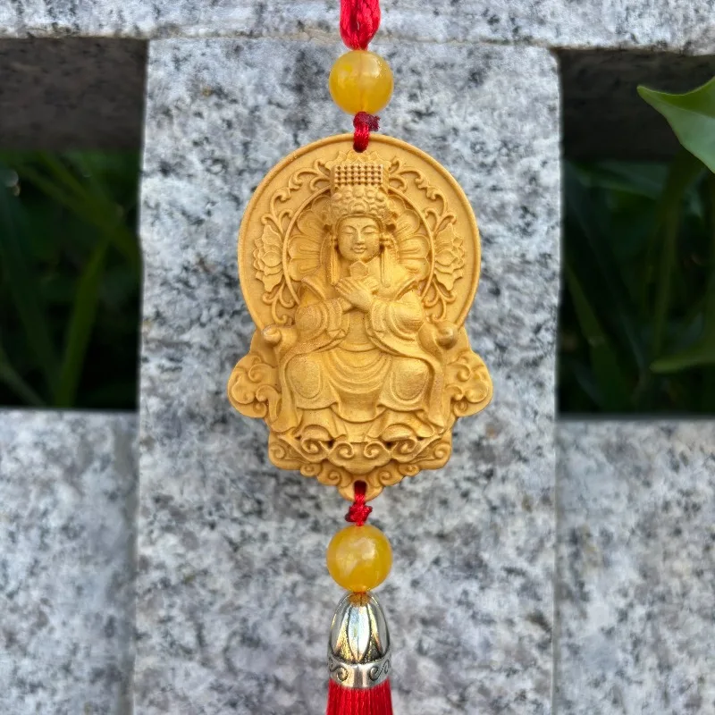 Hand-Carved Boxwood Mazu Pendant - Lucky Charm Car Hanging Ornament, Wood Carving Craft Gift for Safe Driving & Blessing