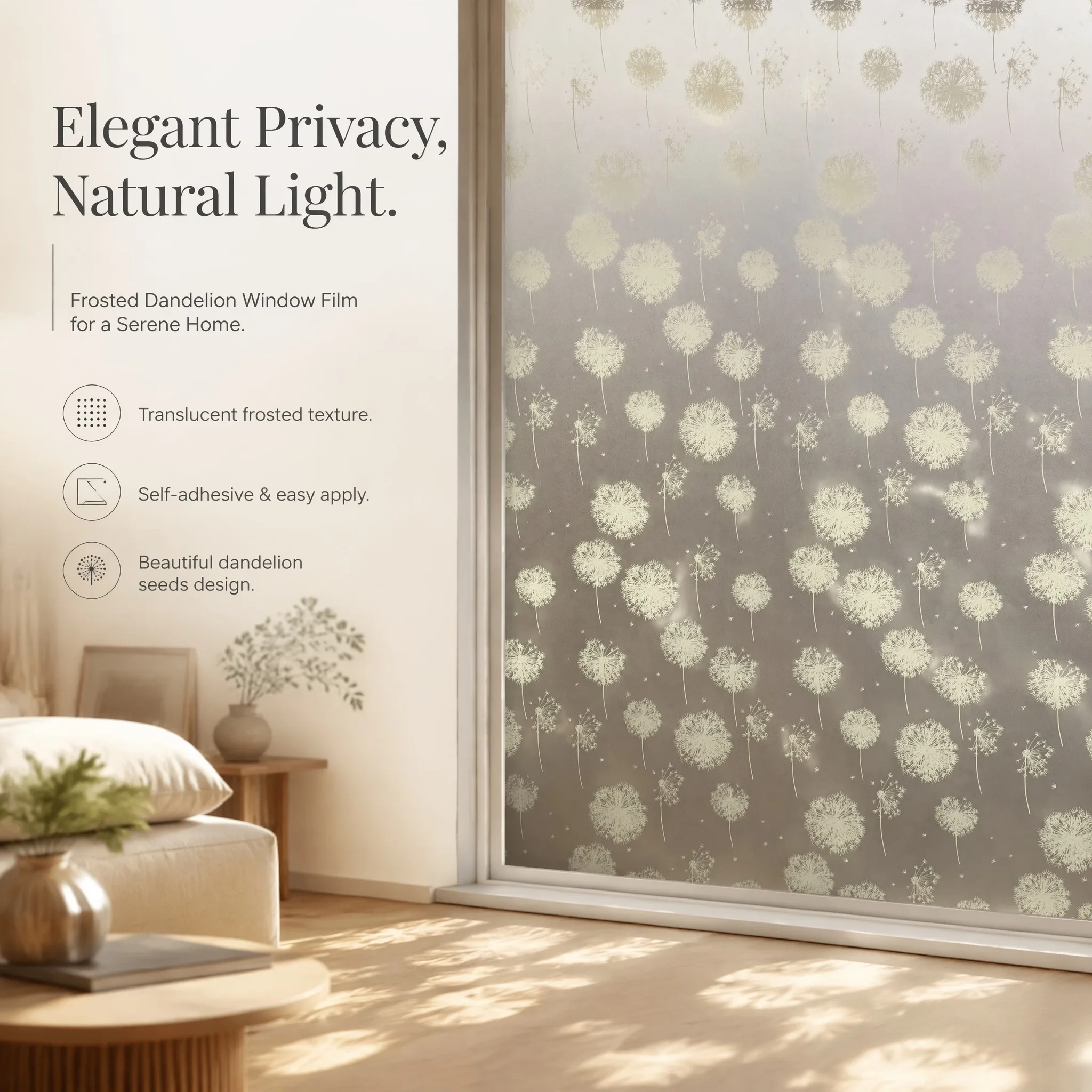Dandelion Floral Frosted Window Film Self-Adhesive Waterproof Oil-Proof Removable Glass Sticker for Bathroom Bedroom Privacy Dec