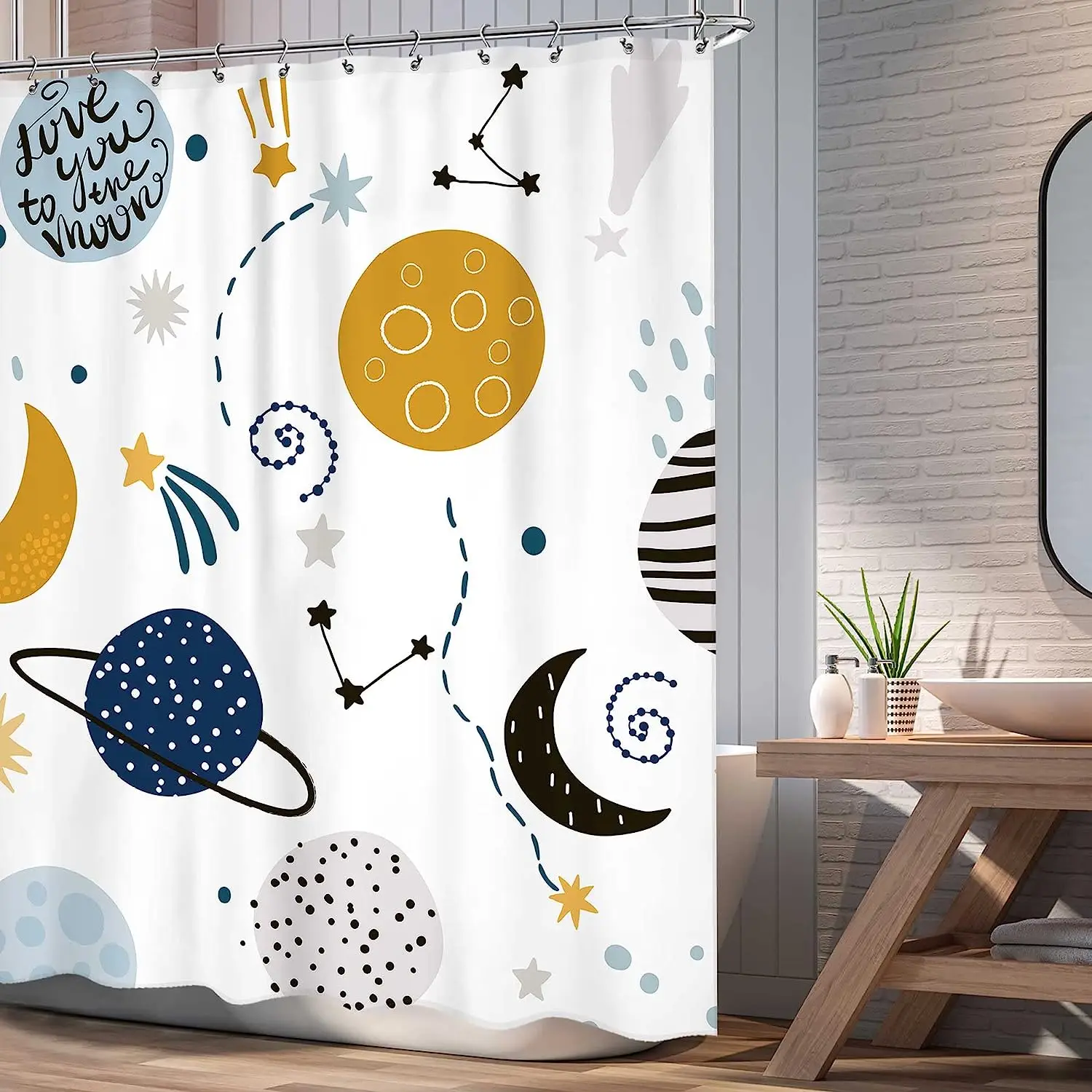 Cartoon Planet Shower Curtain Cute Cosmic Shower Curtain Galactic Space Kids Cloth Shower Curtains Bathroom Decor Set With Hooks