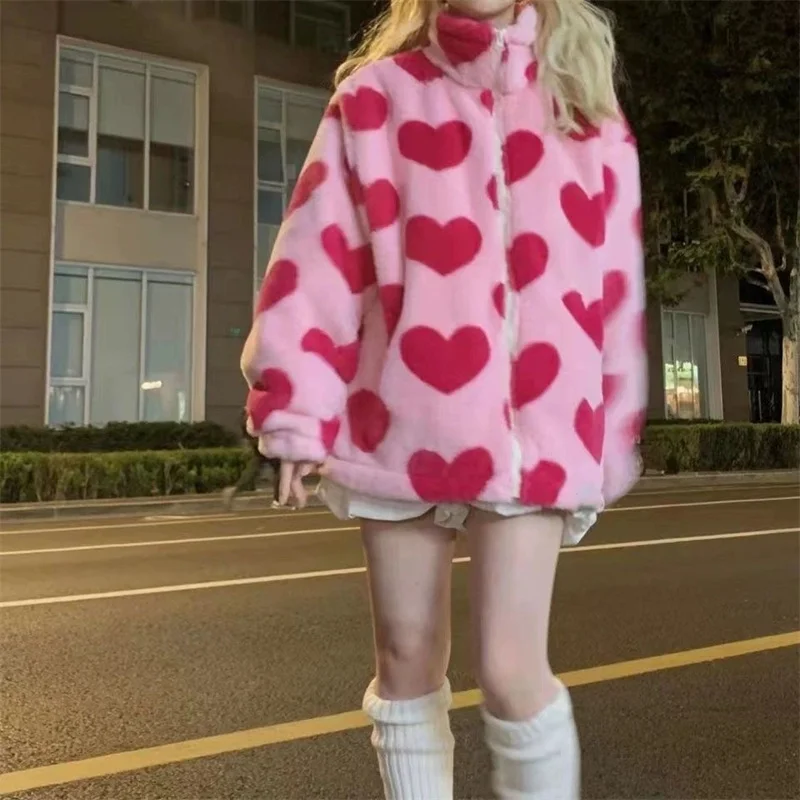 

Pink Love Jacket For Women Winter With Niche Design Sense Oversized Loose Lamb Wool Couple Cotton Clothes Woolen Jacket Commutin