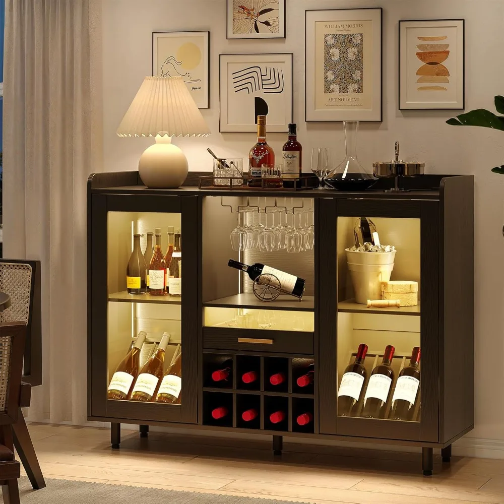 

Wine Bar Cabinet with LED Lights & Power Outlet, Home Coffee Bar Cabinet with Wine & Glass Rack, Modern Buffet Sideboard