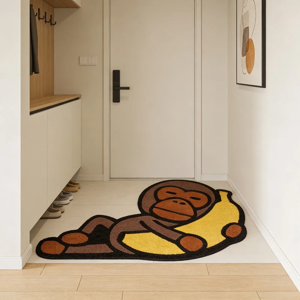 Cartoon Monkey Banana Shaped Rug Funny Animal Fruit Floor Mat Bedroom Bedside Carpet Living Room Gaming Room Entryway Home Decor