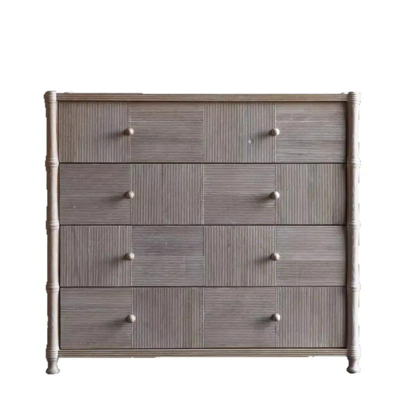 wabi-sabi French retro old eight-grid bucket cabinet, light gray solid wood rattan braided storage cabinet, dining side cabinet
