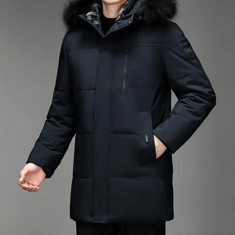 Manteau en duvet d'hiver pour hommes, grande taille, mi-long, veste d'affaires à capuche épaissie, vestes matelassées de canard blanc à capuche en fourrure pour hommes JK-997