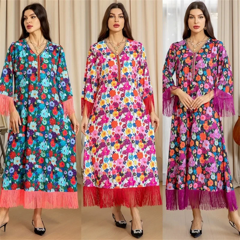 

Dubai Floral Print Stylish Abaya New Tassel Dress Muslim Elegant Women’S Kaftan