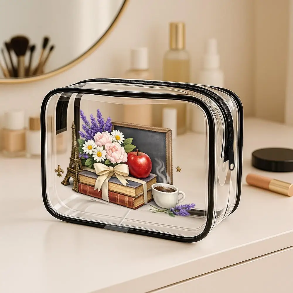 Clear PVC Vintage Cozy Style Toiletry Bag, Eiffel Tower Floral & Coffee Print Makeup Pouch