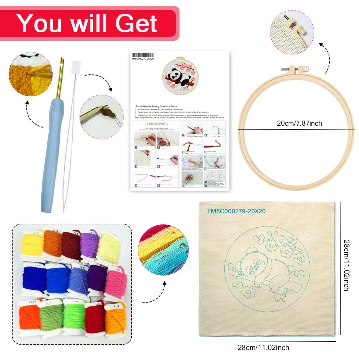 20X20CM/7,87 Zoll Panda Punch Needle Stickerei-Set, Stickerei-Kit, Gestrickte Stickerei, DIY Handgemachtes Geschenk, Bastelbild – Detail 3