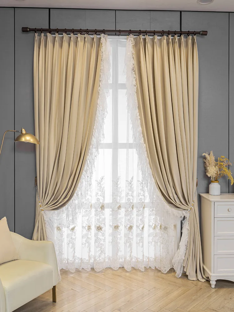 Custom Elegant French princess wedding bedroom beige thick flannelette velvet cloth blackout curtain tulle drape C1844