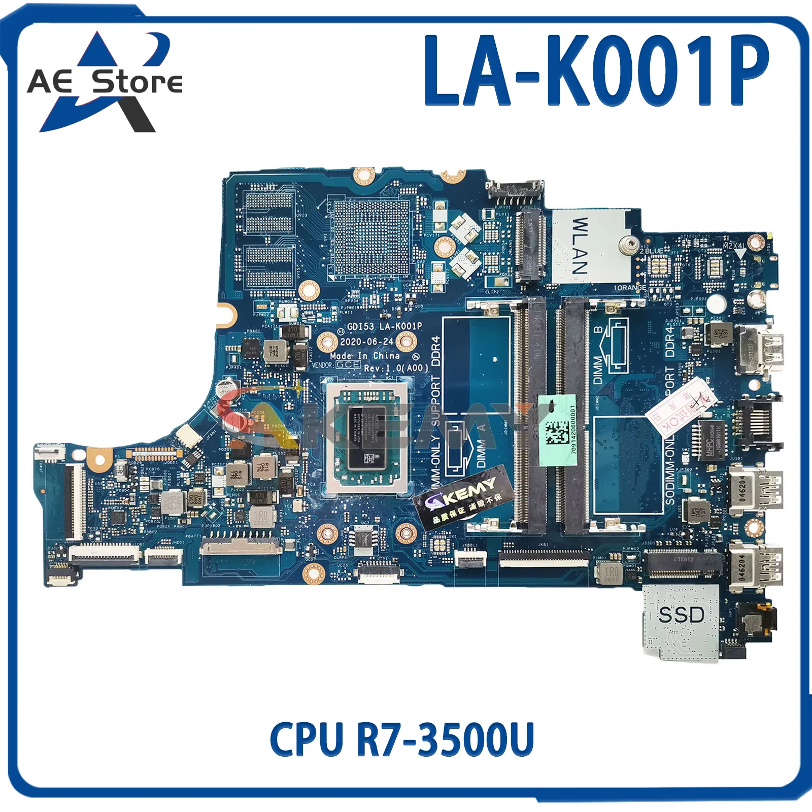 AE LA-K001P Mainboard For Dell Inspiron 15 3501 CN-0GWD64 0DRFWY Laptop Motherboard CPU R7-3500U 100% Test OK