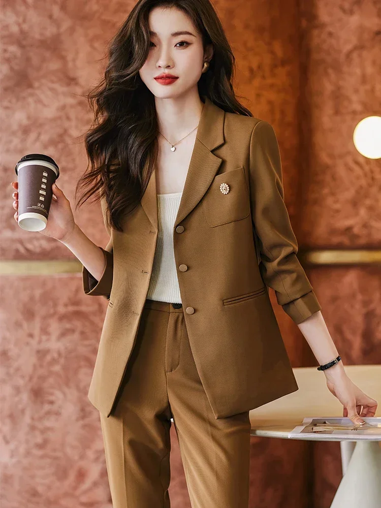 Blazer à manches longues et pantalon beige pour femme, ensemble 2 pièces formel, vêtements de travail, veste, surintendant, mode, noir, café