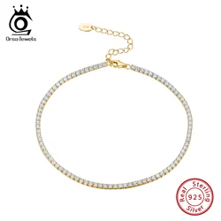 ORSA JEWELS 14K Gold 925 Sterling Silver Tennis Chain Anklet for Women Summer Fashion 4A Zircon Foot Ankle Straps Jewelry SA03