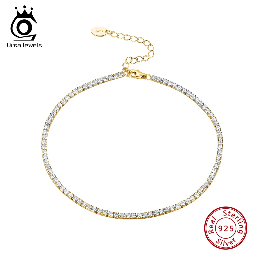 ORSA JEWELS 14K Gold 925 Sterling Silver Tennis Chain Anklet for Women Summer Fashion 4A Zircon Foot Ankle Straps Jewelry SA03