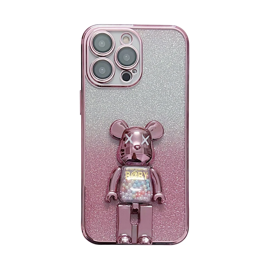 Luxury Plating Candy Bead Bear Holder Case For iphone 15 14 12 11 13 Pro Max X XR 7 8 Plus SE 3 Gradient Glitter Silicone Cover