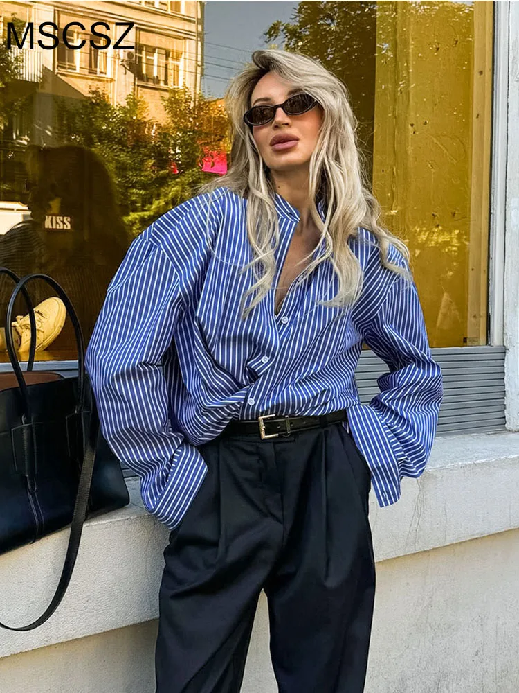 MSCSZ Blue Striped Shirt Women Stand Collar Long Sleeve Casual Shirt Fashion High Street Oversized Shirt Blouse