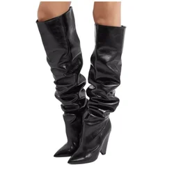 European and American Horse Oil Leather Wrinkled Irregular Heel Long Tube Boots for Women, Sewing Thread Turned Up Elastic Boots