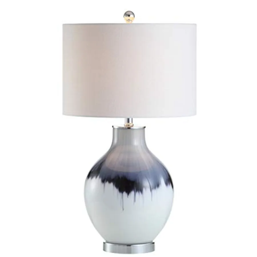 

27" Blue/White Drip Glass and Metal Table Lamp Modern Transitional Bedside Lamp for Living Room Bedroom White Linen Drum Shade