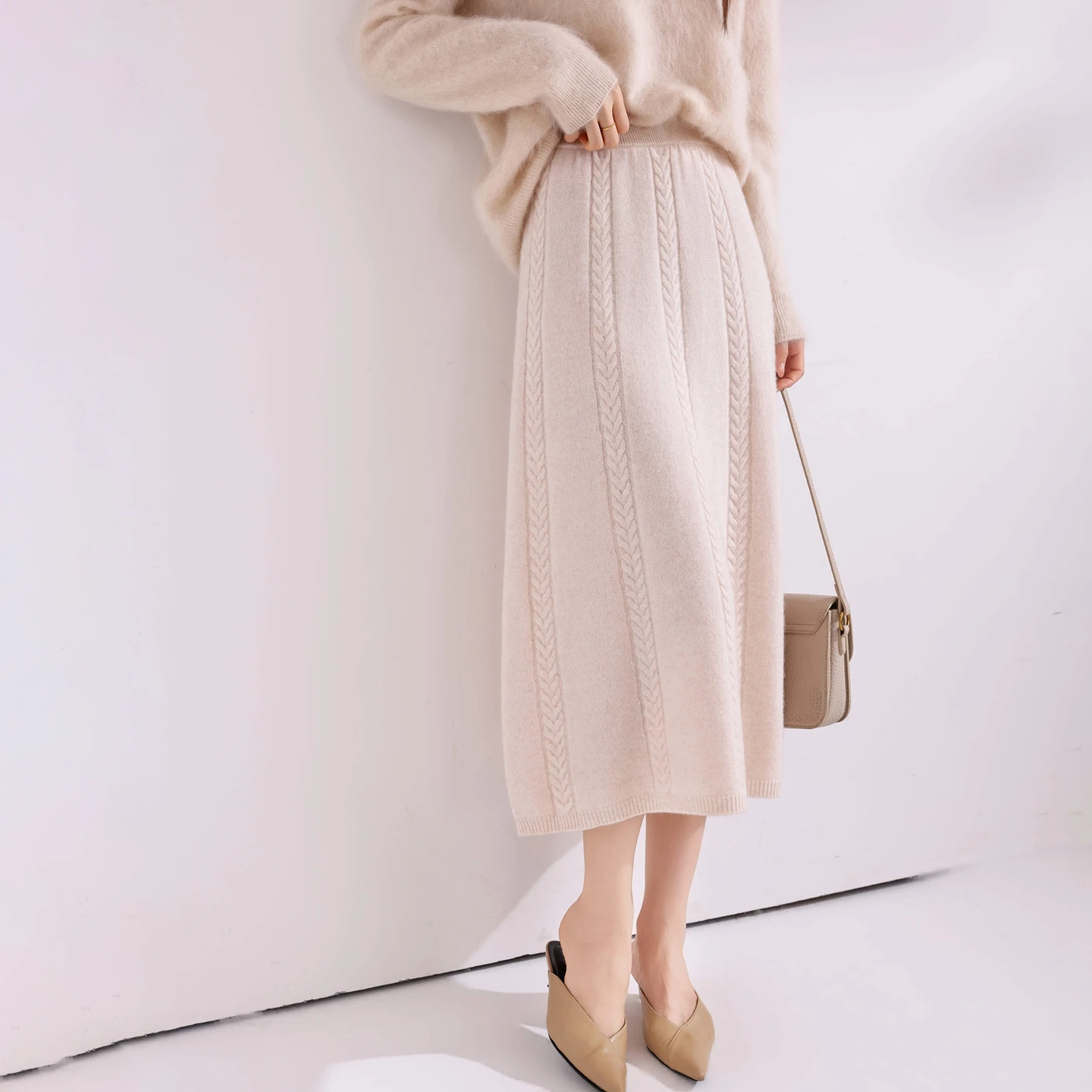 Autumn Winter 2026 New 100% Merino Wool Knitted Skirt Women's Fried Dough Twists Knee Length Dress Fashion Korean Thickened skir
