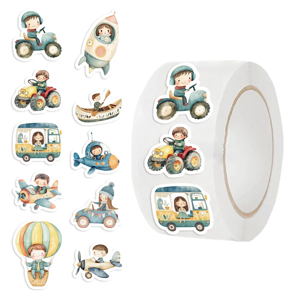 500PCS/Roll Cute Cartoon Car Stickers Transportation Vehicle Boat Plane Decals DIY Decor for Skateboard Laptop Phone Luggage Toy