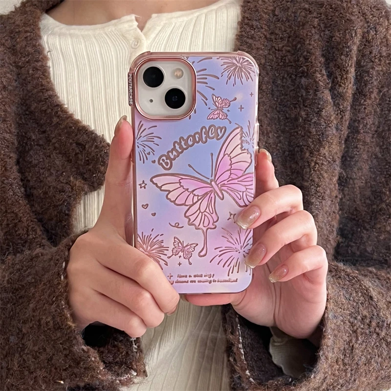 Hollow pink halo dyed fireworks butterfly phone case suitable for iPhone 15, 14, 13, 12, 11 pro max high-quality phone casing