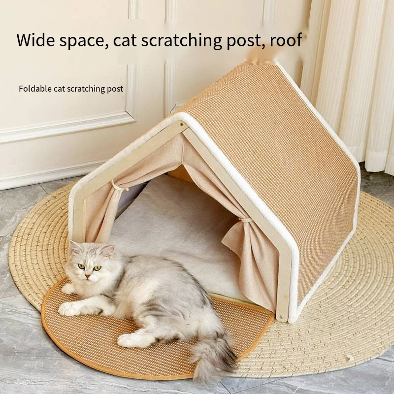 1pcs-warm-tent-villa-shell-semi-enclosed-sleeping-bag-cat-scratch-board-no-shedding-sisal-bed-triangular-roof-multiple-body-type