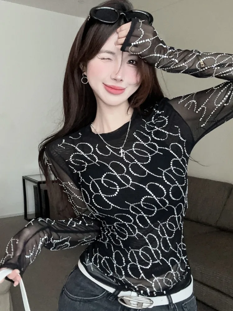 

American Heavyweight Long Sleeve T-Shirt Women Lightweight Mesh Base Shirt Spring Pure Desirable Sexy See through Top