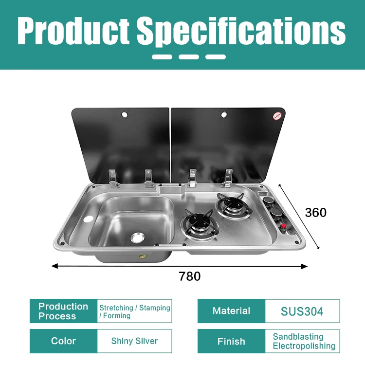 304 Stainless Steel RV Cooktop & Sink Combo, 2-Burner Integrated Kitchen Unit with Tempered Glass Cover for Camper Van & Caravan