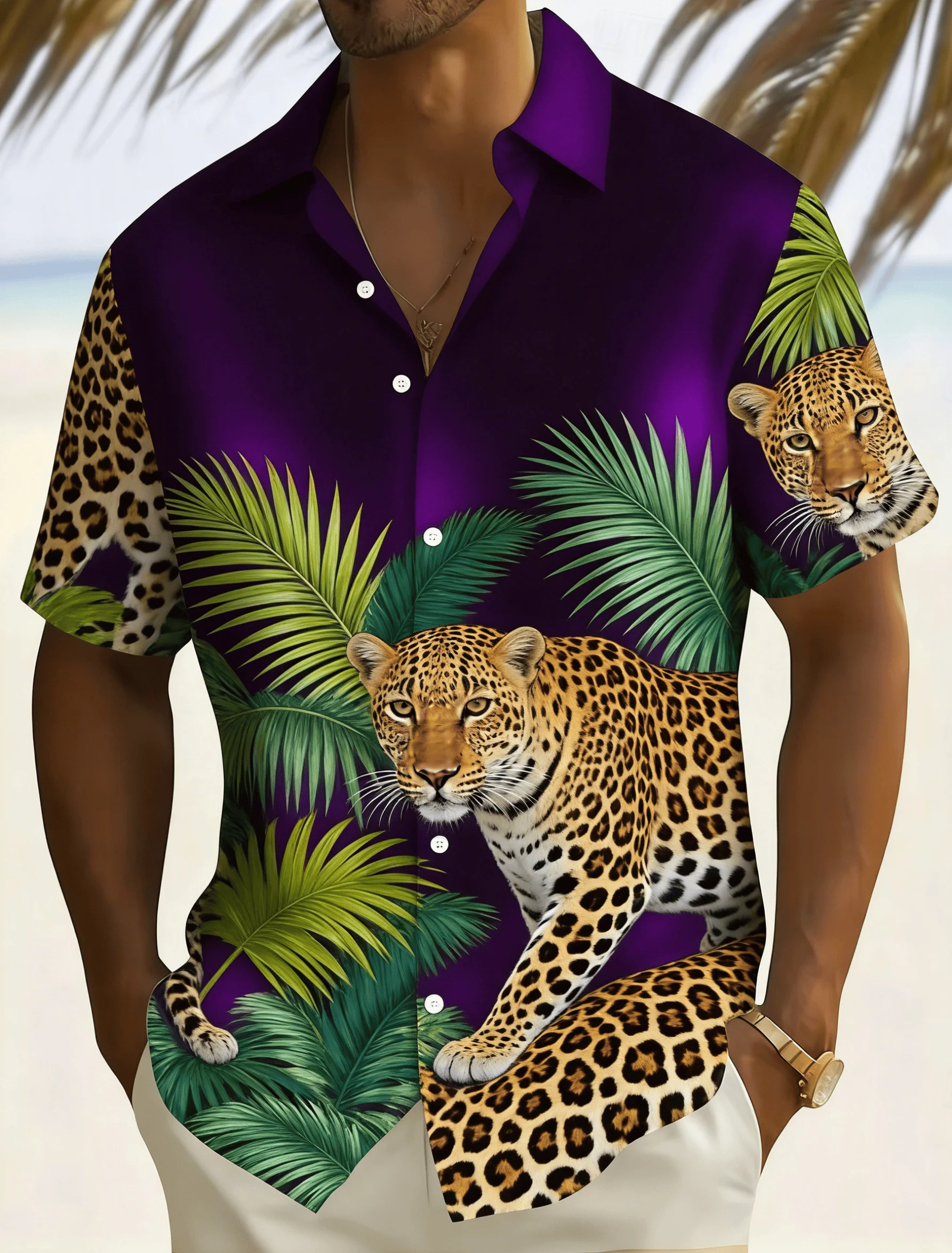 

Men's Spring Summer Casual Shirt, Wild Leopard & Palm Leaf Print Short Sleeve Shirt, Hawaiian Style for Beach and Daily Wear