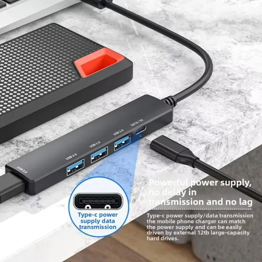 USB 3.0 Hub 5-IN-1 USB Hub Extender Splitter with 4 USB-A + 1 PD Type-C Fast Charging/Data Port Extender Splitter for Laptop PC