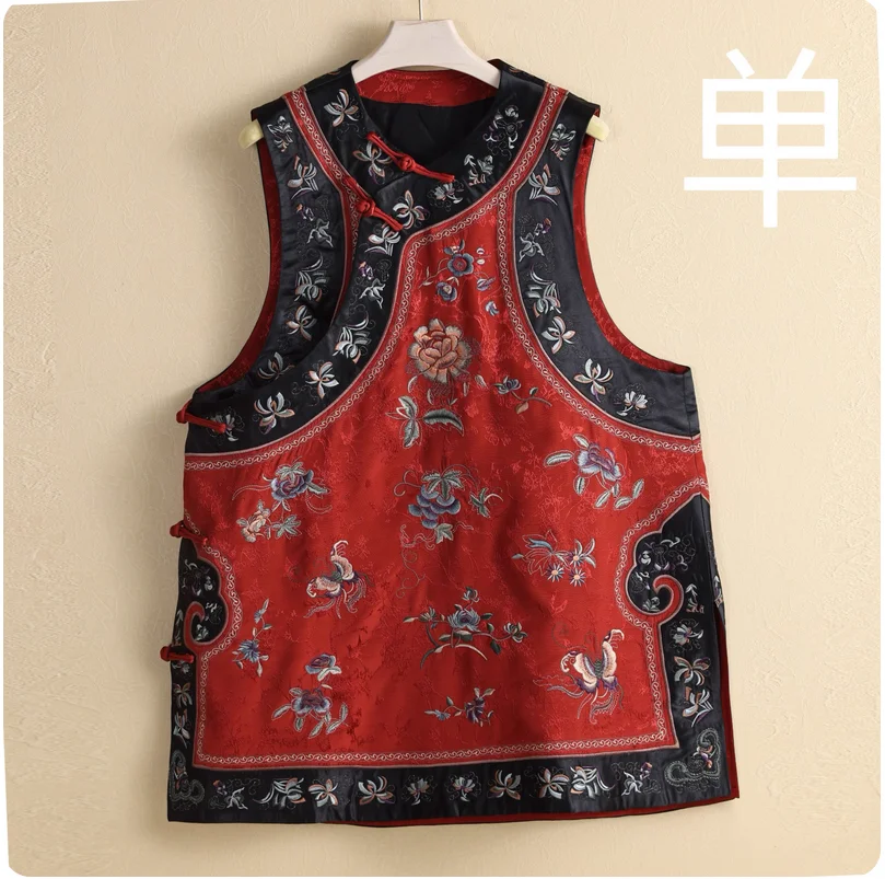 بلوفر نحيف على الطراز الصيني، بلوزة بدون ياقة مطرزة على الطراز العرقي، فتحة مائلة، سترة بدون أكمام، سترة على الطراز الصيني