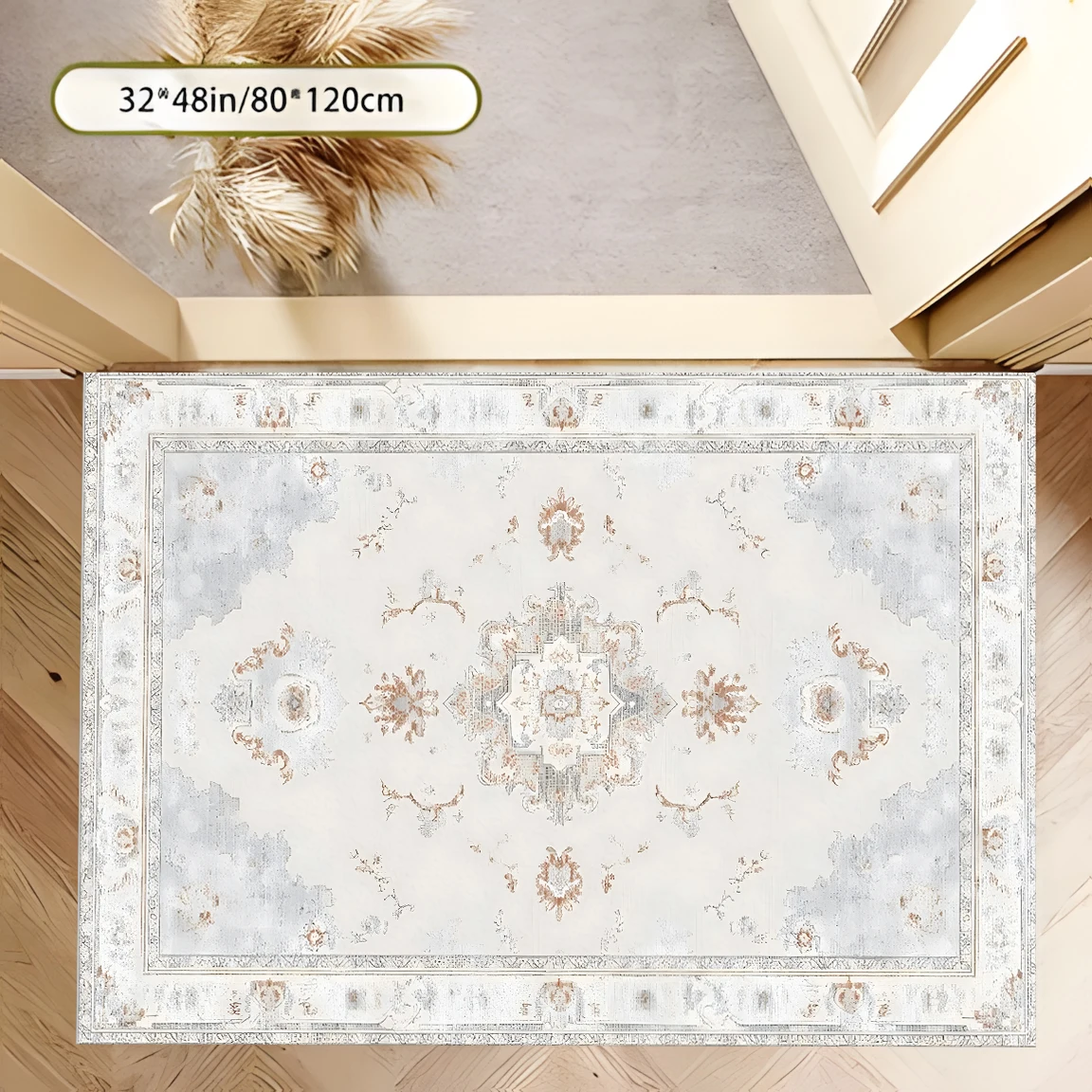 2D Large Rug, European Retro Symmetrical Floral Pattern, French Light Luxury Style, Suitable for Living Room and Bedroom, One-Click Renovation for Autumn and Winter Decoration