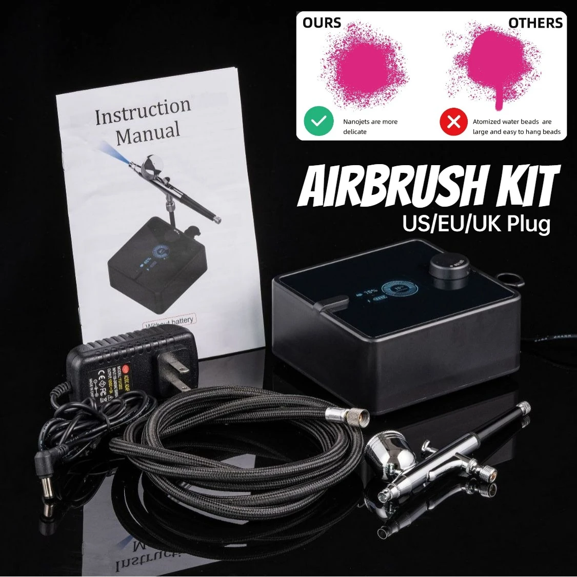 Powerful 30PSI Adjustable Output Airbrush Kit Auto Stop Dual Multi-Function Air Brush Compressor Set Painting Nails Makeup DIY