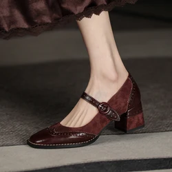 Scarpe da donna Mary Jane in vera pelle Moda retrò con fibbia Décolleté poco profondi Punta quadrata Tacco spesso Scarpe fatte a mano Donna Taglia 34-40