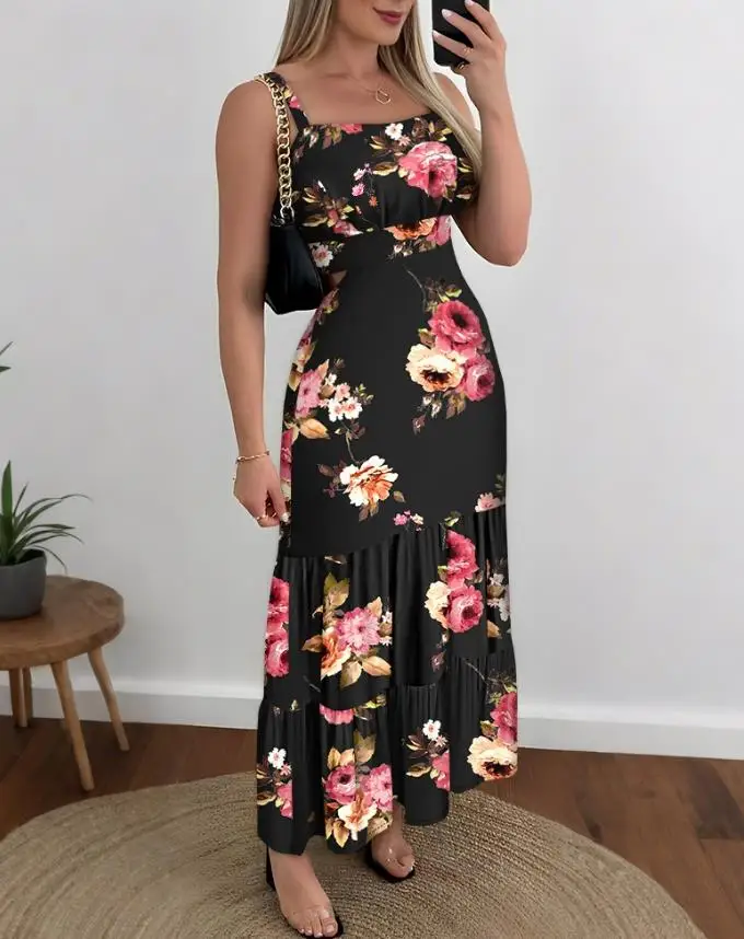 

Printed thin shoulder strap waist hollow pleated hem dress